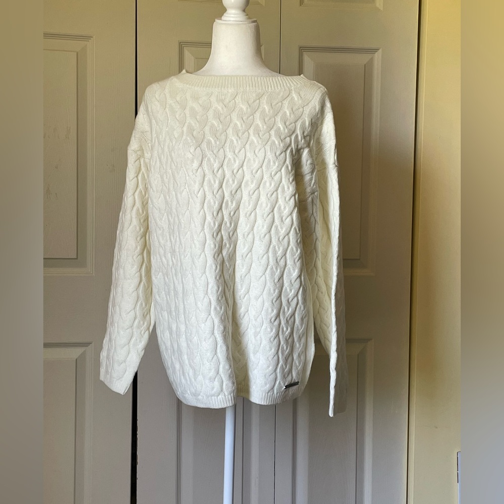 Peace Love World Cable Knit Sweater size Medium, cream colored, generous sizing.